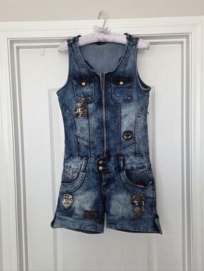 Denimland Paris Collection Denim Shortall Jumpsuit Army Military Theme Patches L